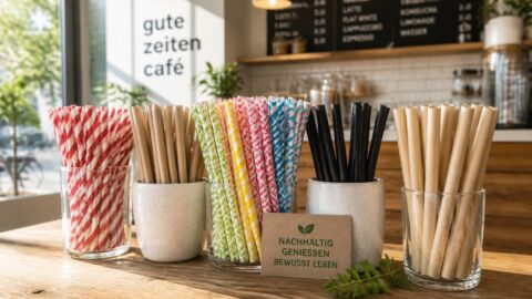 Assorted colorful paper straws, kraft tubes, and wide bubble tea straws arranged on a wooden tabletop