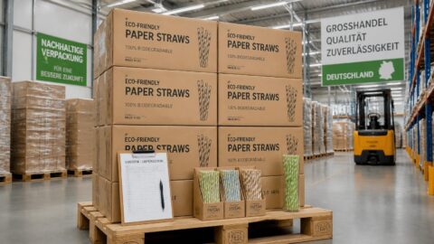 Master cartons of eco-friendly paper straws in a clean wholesale distribution warehouse in Germany